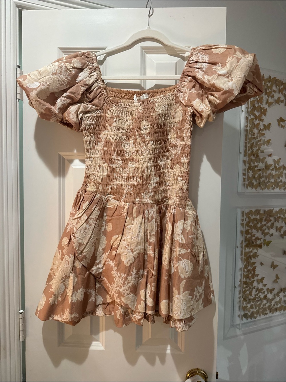 LoveShackFancy Blush Cream Floral Puff-Sleeve Mini Dress
